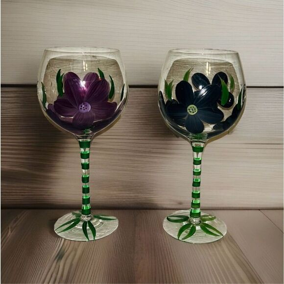 Hand-Painted Purple Flower Butterfly Wine Glass Set - Picture 1 of 4